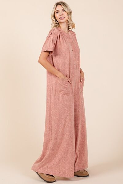 Mittoshop Button Detail Jumpsuit - Short Sleeve Wide Leg Jumpsuit Jumpsuits