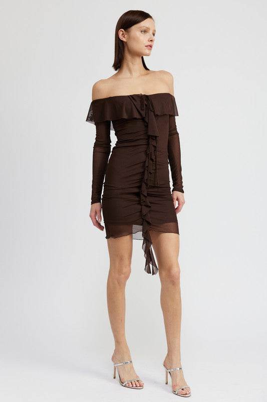 OFF SHOULDER MINI DRESS WITH RUFFLE DETAIL - Shop Style & More | Fresh Looks, Everyday Deals & Free Shipping