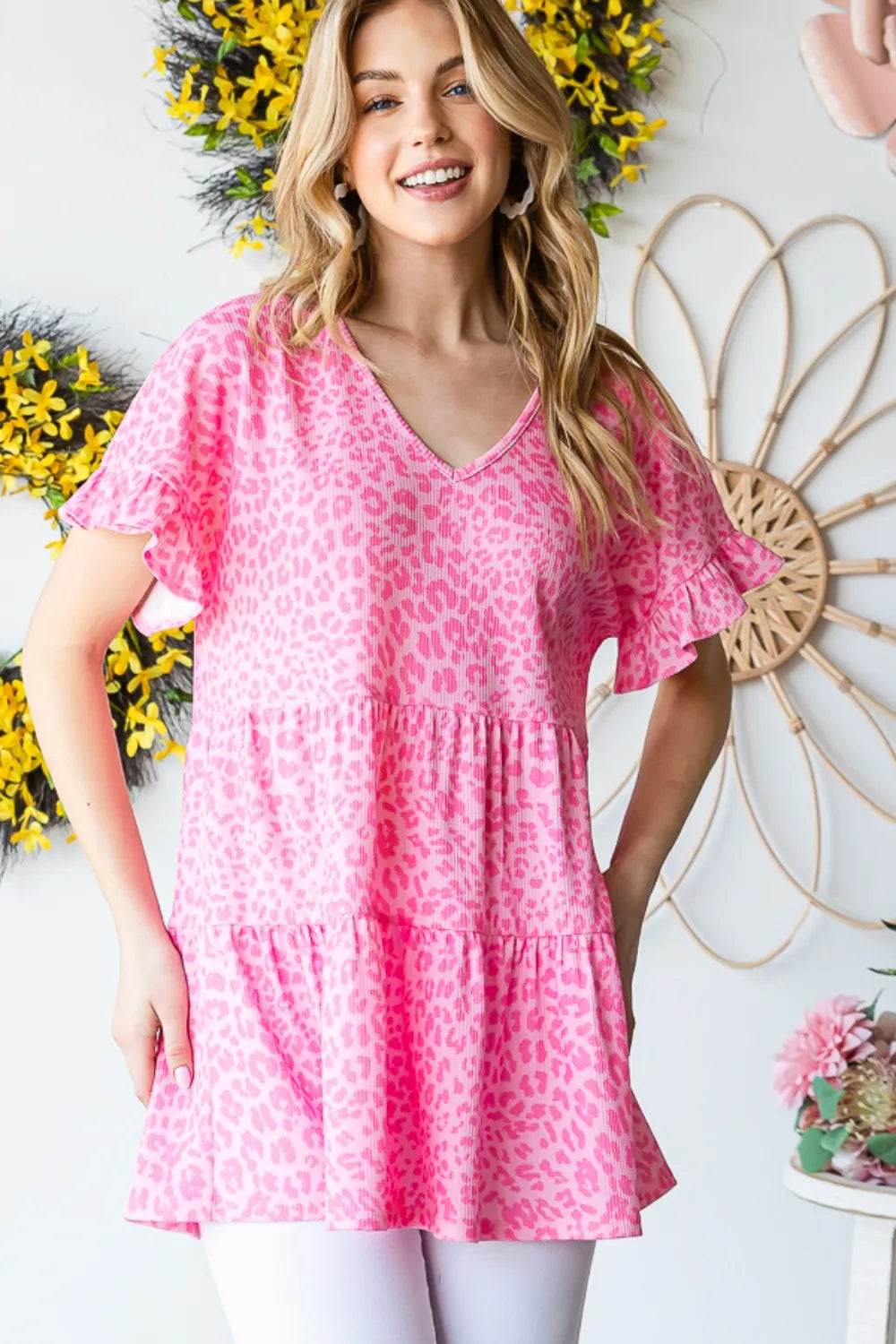 Heimish Full Size Leopard Ruffle Trim Short Sleeve Top - Shop Style & More | Fresh Looks, Everyday Deals & Free Shipping