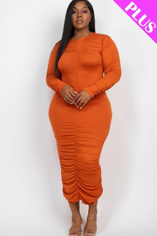 Curvy Plus Size Ruched Long Sleeve Midi Dress - Shop Style & More | Fresh Looks, Everyday Deals & Free Shipping