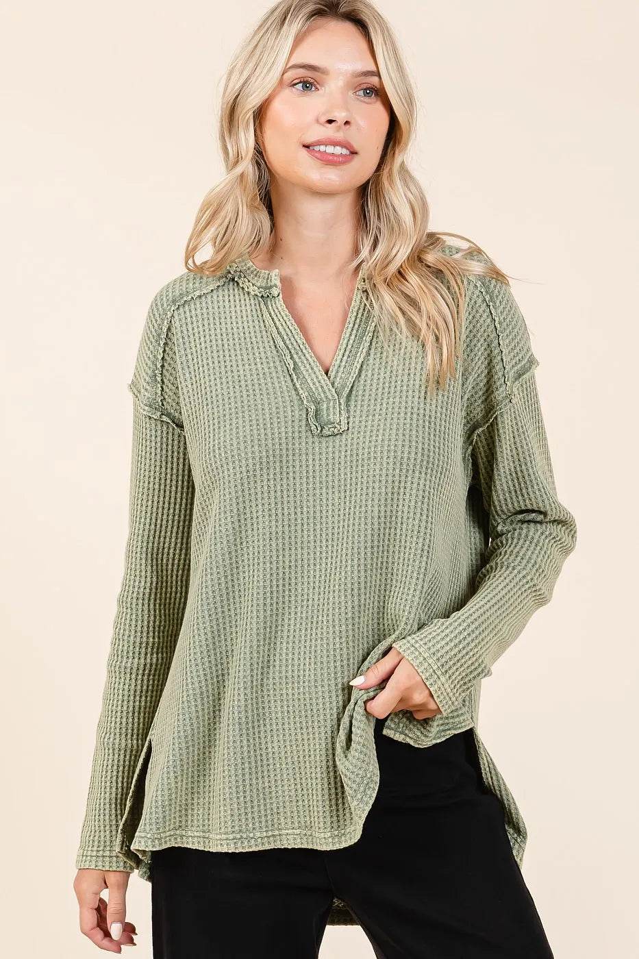 Mittoshop Mineral Wash Waffle Knit V-Neck Long Sleeve Top - Shop Style & More | Fresh Looks, Everyday Deals & Free Shipping