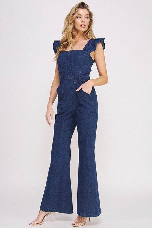 DENIM RUFFLE FLARE LEG JUMPSUIT - Shop Style & More | Fresh Looks, Everyday Deals & Free Shipping