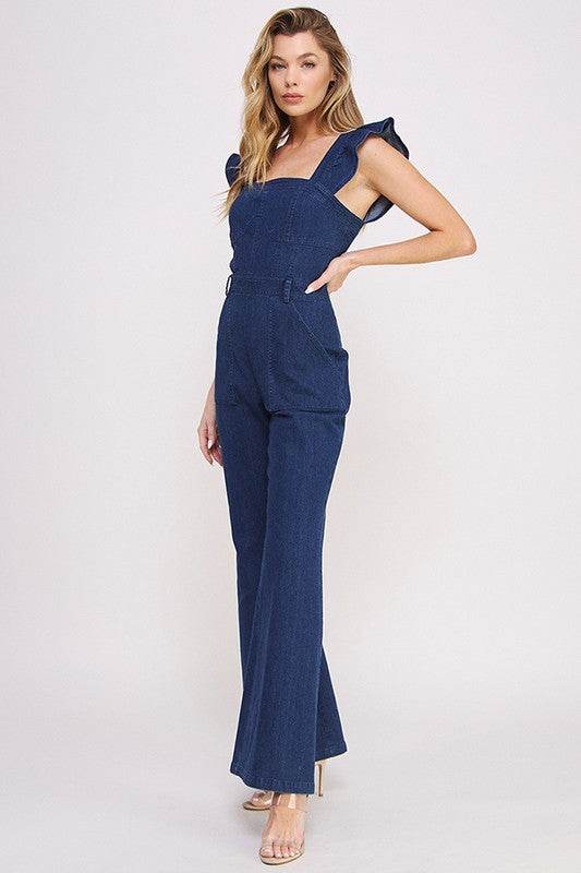 DENIM RUFFLE FLARE LEG JUMPSUIT - Shop Style & More | Fresh Looks, Everyday Deals & Free Shipping