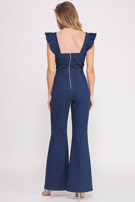 DENIM RUFFLE FLARE LEG JUMPSUIT - Shop Style & More | Fresh Looks, Everyday Deals & Free Shipping