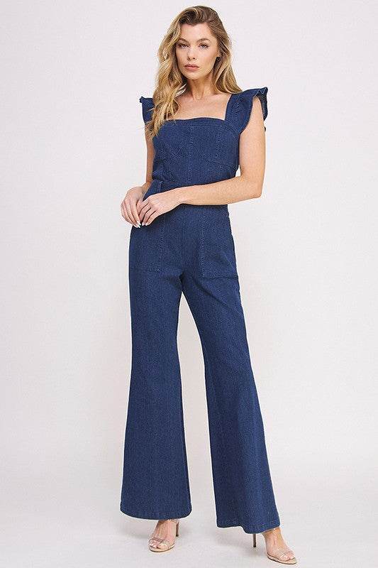 DENIM RUFFLE FLARE LEG JUMPSUIT - Shop Style & More | Fresh Looks, Everyday Deals & Free Shipping