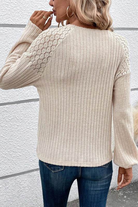 Contrast Lace Raglan Sleeve Buttoned Ribbed Top - Shop Style & More | Fresh Looks, Everyday Deals & Free Shipping