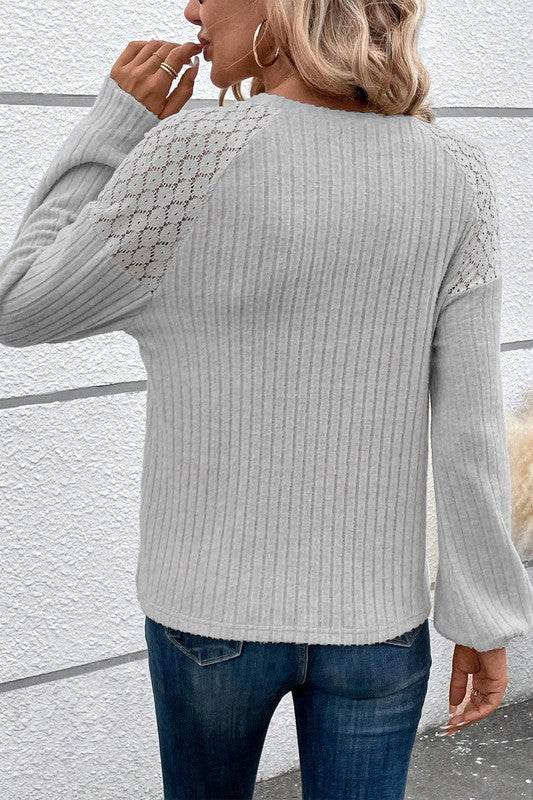 Contrast Lace Raglan Sleeve Buttoned Ribbed Top - Shop Style & More | Fresh Looks, Everyday Deals & Free Shipping