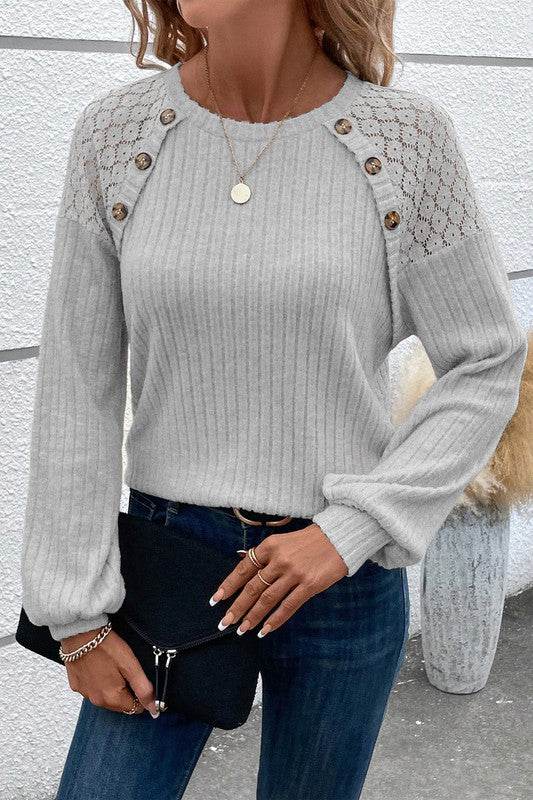 Contrast Lace Raglan Sleeve Buttoned Ribbed Top - Shop Style & More | Fresh Looks, Everyday Deals & Free Shipping