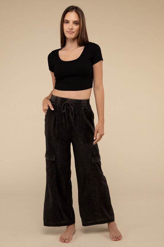 Washed Linen Elastic Band Waist Cargo Pants - Shop Style & More | Fresh Looks, Everyday Deals & Free Shipping