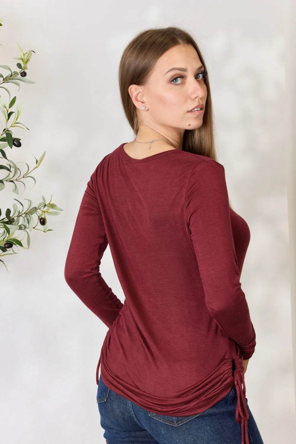 Culture Code Full Size Drawstring Round Neck Long Sleeve Top - Shop Style & More | Fresh Looks, Everyday Deals & Free Shipping