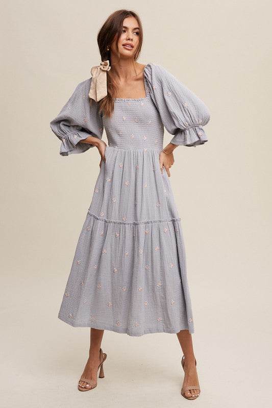 Ditzy Floral Embroidery Puff Sleeve Maxi Dress - Shop Style & More | Fresh Looks, Everyday Deals & Free Shipping