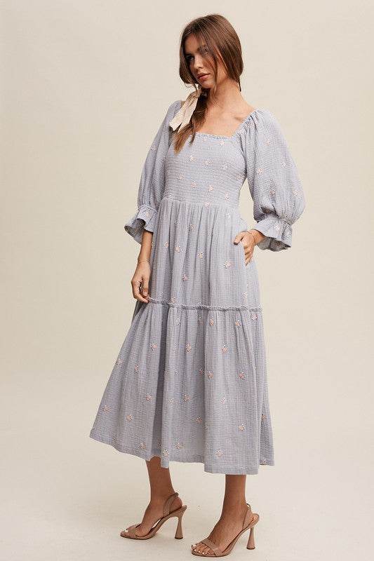 Ditzy Floral Embroidery Puff Sleeve Maxi Dress - Shop Style & More | Fresh Looks, Everyday Deals & Free Shipping