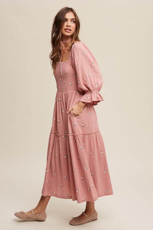 Ditzy Floral Embroidery Puff Sleeve Maxi Dress - Shop Style & More | Fresh Looks, Everyday Deals & Free Shipping