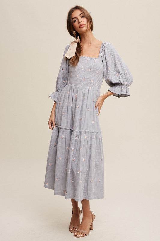 Ditzy Floral Embroidery Puff Sleeve Maxi Dress - Shop Style & More | Fresh Looks, Everyday Deals & Free Shipping