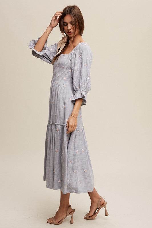 Ditzy Floral Embroidery Puff Sleeve Maxi Dress - Shop Style & More | Fresh Looks, Everyday Deals & Free Shipping