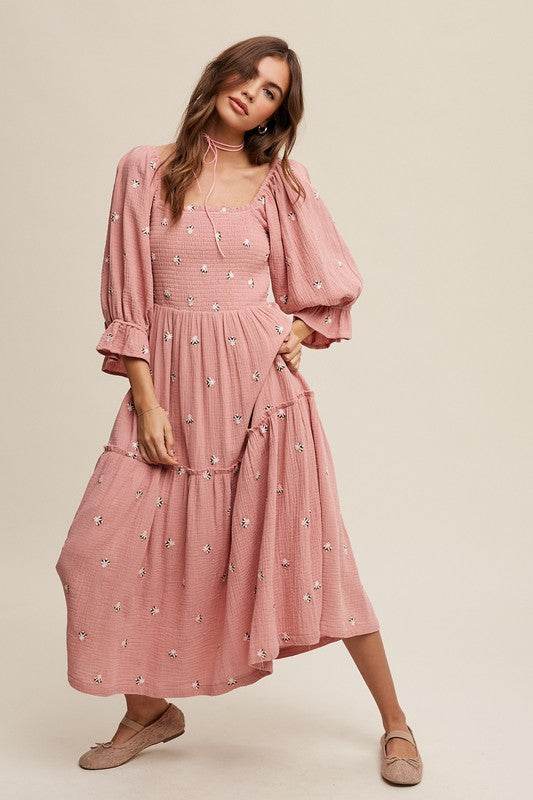 Ditzy Floral Embroidery Puff Sleeve Maxi Dress - Shop Style & More | Fresh Looks, Everyday Deals & Free Shipping