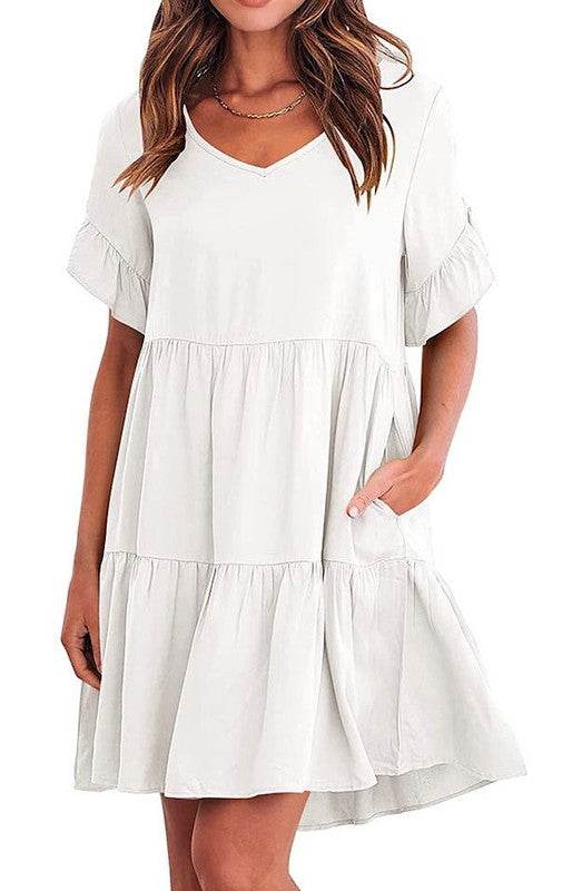 Solid Color V Neck Tiered Dress - Shop Style & More | Fresh Looks, Everyday Deals & Free Shipping