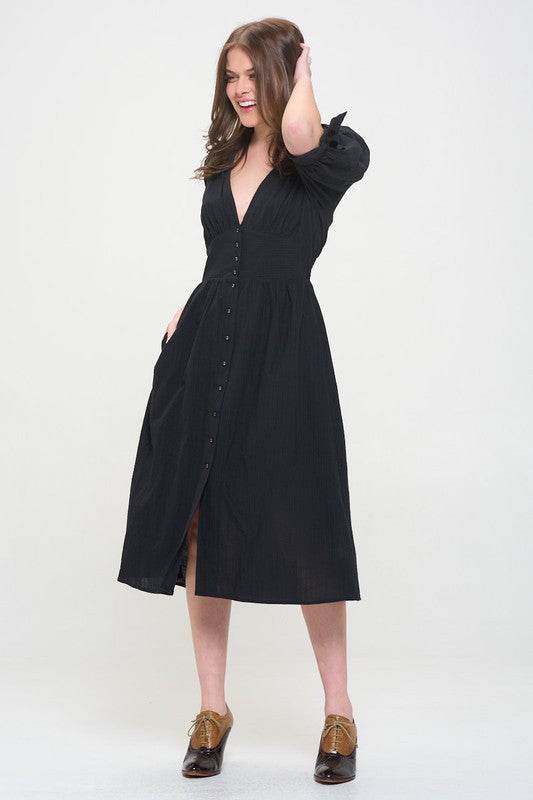 PLUS 3/4 PUFF SLV TEXTURED BUTTON DOWN MIDI DRESS - Shop Style & More | Fresh Looks, Everyday Deals & Free Shipping