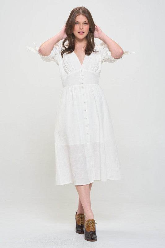PLUS 3/4 PUFF SLV TEXTURED BUTTON DOWN MIDI DRESS - Shop Style & More | Fresh Looks, Everyday Deals & Free Shipping