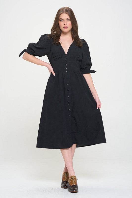 PLUS 3/4 PUFF SLV TEXTURED BUTTON DOWN MIDI DRESS - Shop Style & More | Fresh Looks, Everyday Deals & Free Shipping