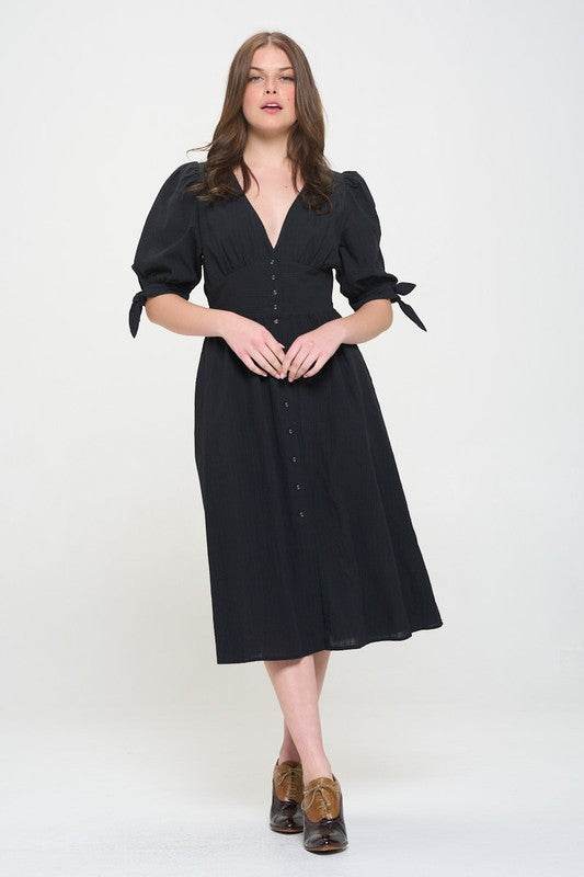 PLUS 3/4 PUFF SLV TEXTURED BUTTON DOWN MIDI DRESS - Shop Style & More | Fresh Looks, Everyday Deals & Free Shipping