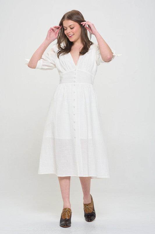 PLUS 3/4 PUFF SLV TEXTURED BUTTON DOWN MIDI DRESS - Shop Style & More | Fresh Looks, Everyday Deals & Free Shipping