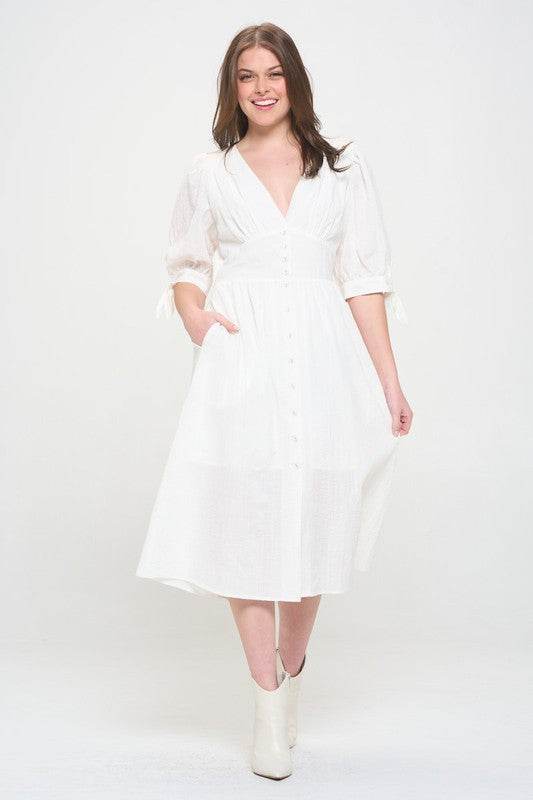 PLUS 3/4 PUFF SLV TEXTURED BUTTON DOWN MIDI DRESS - Shop Style & More | Fresh Looks, Everyday Deals & Free Shipping