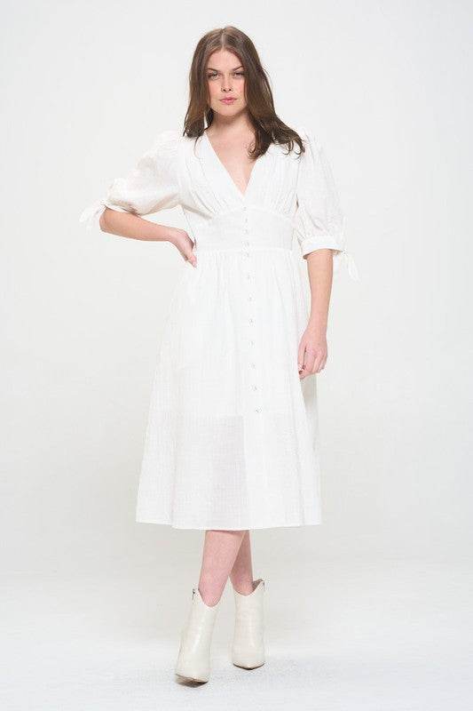 PLUS 3/4 PUFF SLV TEXTURED BUTTON DOWN MIDI DRESS - Shop Style & More | Fresh Looks, Everyday Deals & Free Shipping