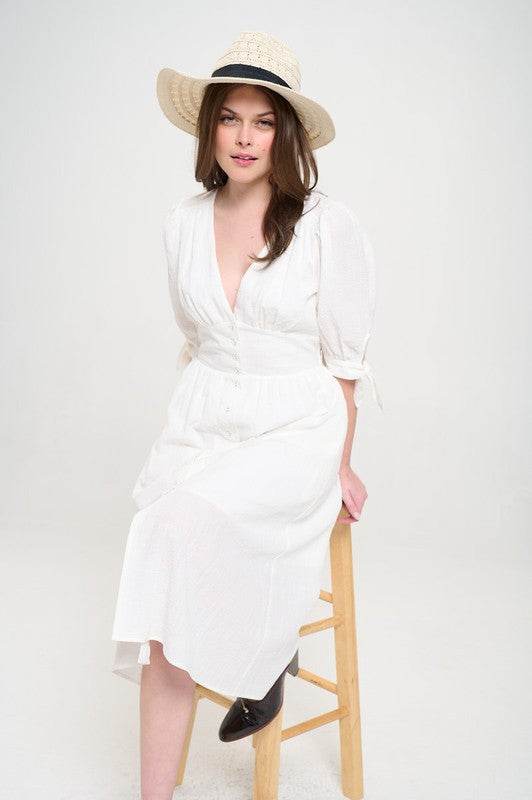 PLUS 3/4 PUFF SLV TEXTURED BUTTON DOWN MIDI DRESS - Shop Style & More | Fresh Looks, Everyday Deals & Free Shipping