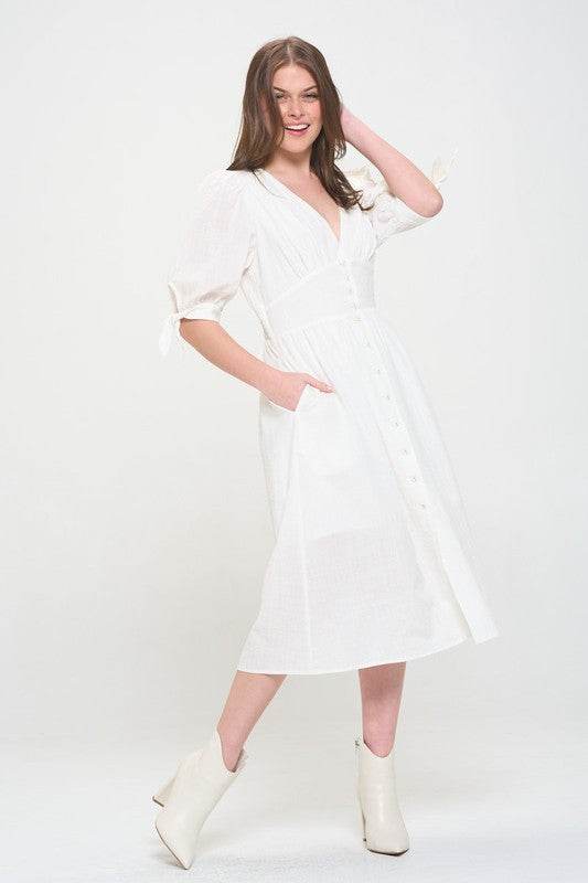 PLUS 3/4 PUFF SLV TEXTURED BUTTON DOWN MIDI DRESS - Shop Style & More | Fresh Looks, Everyday Deals & Free Shipping