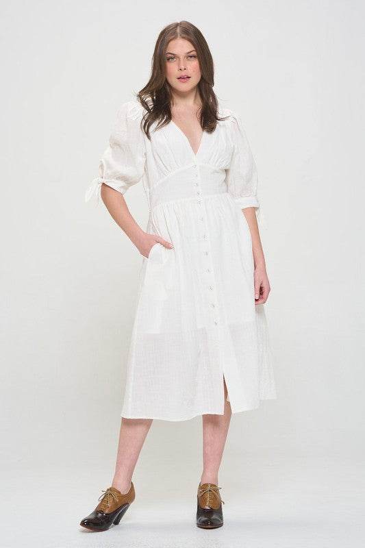 PLUS 3/4 PUFF SLV TEXTURED BUTTON DOWN MIDI DRESS - Shop Style & More | Fresh Looks, Everyday Deals & Free Shipping
