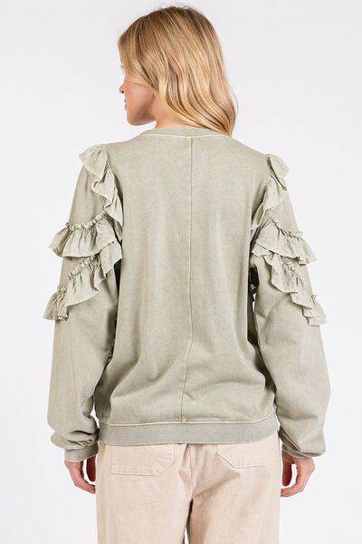 Mittoshop Ruffled Mineral Washed Round Neck Long Sleeve Sweatshirt - Shop Style & More | Fresh Looks, Everyday Deals & Free Shipping