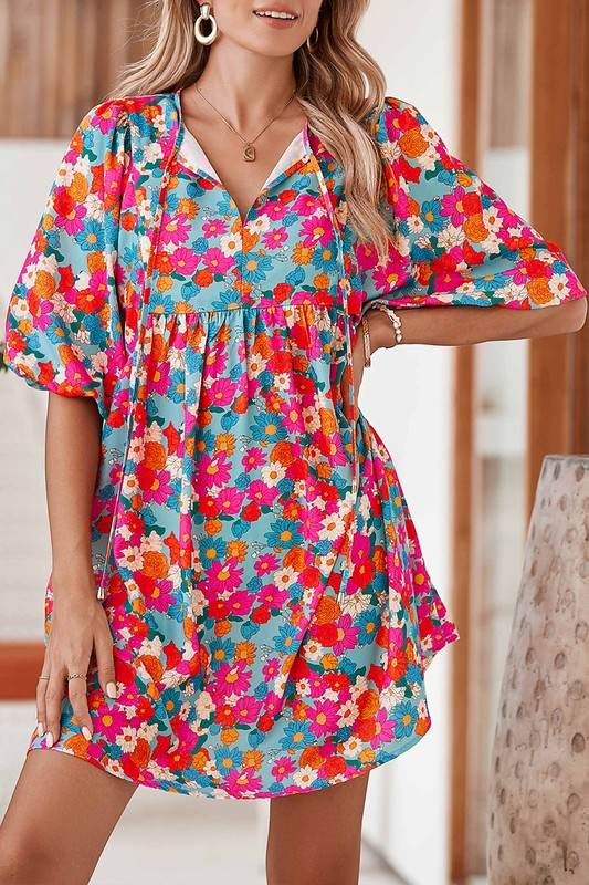 Boho Floral V Neck Lantern Sleeve Babydoll Dress - Shop Style & More | Fresh Looks, Everyday Deals & Free Shipping