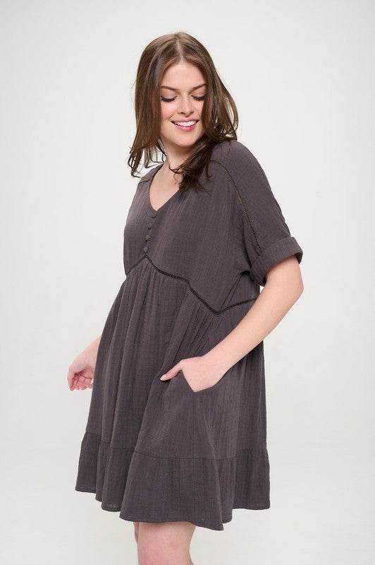TEXTURED SHORT SLV BUTTON DOWN V-NECK SHORT DRESS - Shop Style & More | Fresh Looks, Everyday Deals & Free Shipping