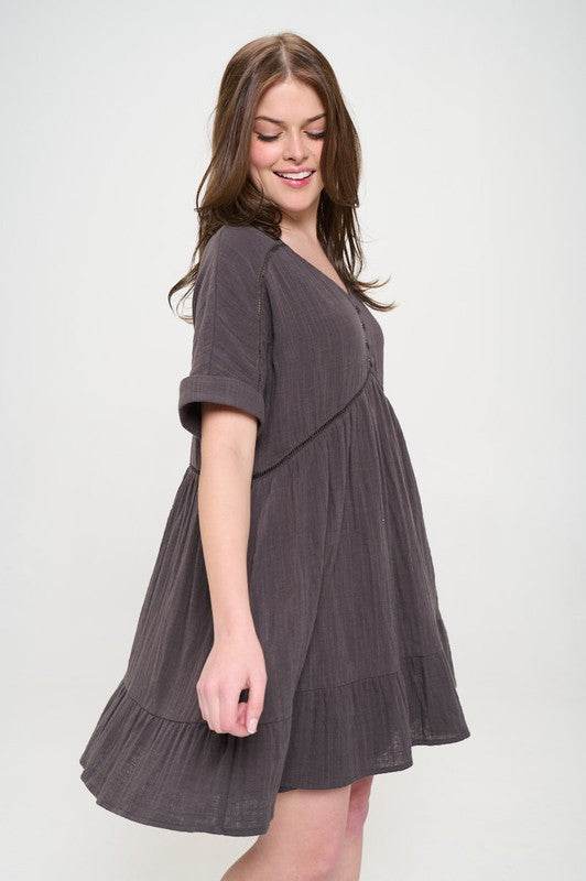 TEXTURED SHORT SLV BUTTON DOWN V-NECK SHORT DRESS - Shop Style & More | Fresh Looks, Everyday Deals & Free Shipping