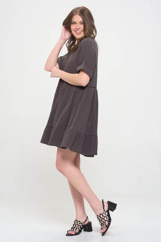 TEXTURED SHORT SLV BUTTON DOWN V-NECK SHORT DRESS - Shop Style & More | Fresh Looks, Everyday Deals & Free Shipping
