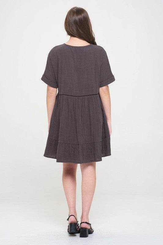TEXTURED SHORT SLV BUTTON DOWN V-NECK SHORT DRESS - Shop Style & More | Fresh Looks, Everyday Deals & Free Shipping
