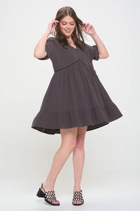 TEXTURED SHORT SLV BUTTON DOWN V-NECK SHORT DRESS - Shop Style & More | Fresh Looks, Everyday Deals & Free Shipping