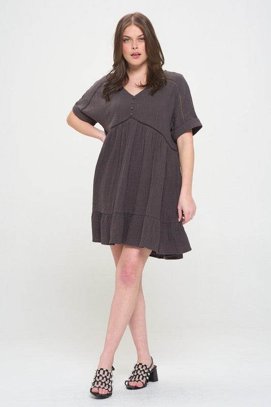 TEXTURED SHORT SLV BUTTON DOWN V-NECK SHORT DRESS - Shop Style & More | Fresh Looks, Everyday Deals & Free Shipping