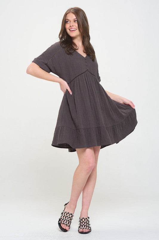 TEXTURED SHORT SLV BUTTON DOWN V-NECK SHORT DRESS - Shop Style & More | Fresh Looks, Everyday Deals & Free Shipping