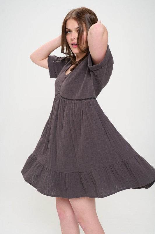 TEXTURED SHORT SLV BUTTON DOWN V-NECK SHORT DRESS - Shop Style & More | Fresh Looks, Everyday Deals & Free Shipping