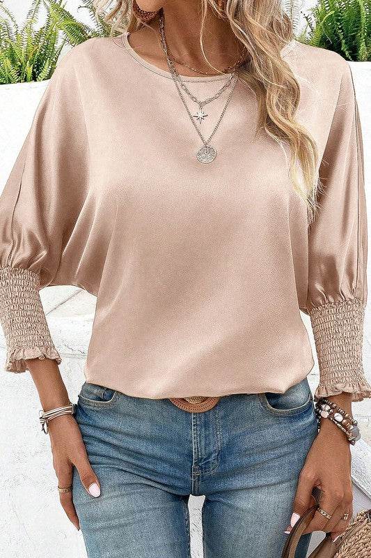 Shirred Dolman Sleeve Satin Blouse - Shop Style & More | Fresh Looks, Everyday Deals & Free Shipping