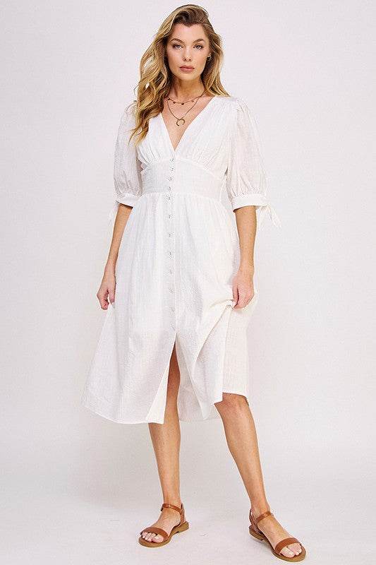 3/4 PUFF SLV TEXTURE VNECK BUTTON DOWN MIDI DRESS - Shop Style & More | Fresh Looks, Everyday Deals & Free Shipping