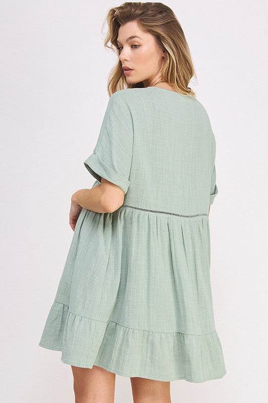 TEXTURED SHORT SLV BUTTON DOWN V-NECK SHORT DRESS - Shop Style & More | Fresh Looks, Everyday Deals & Free Shipping