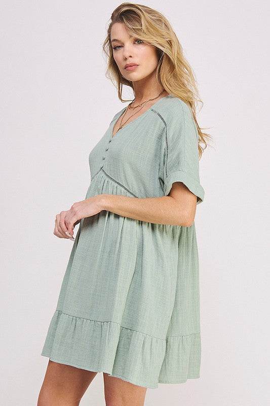 TEXTURED SHORT SLV BUTTON DOWN V-NECK SHORT DRESS - Shop Style & More | Fresh Looks, Everyday Deals & Free Shipping