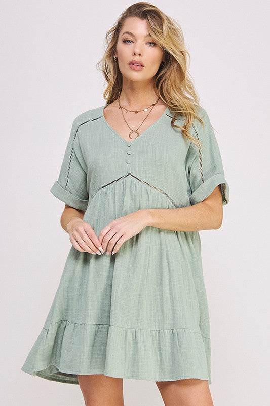 TEXTURED SHORT SLV BUTTON DOWN V-NECK SHORT DRESS - Shop Style & More | Fresh Looks, Everyday Deals & Free Shipping
