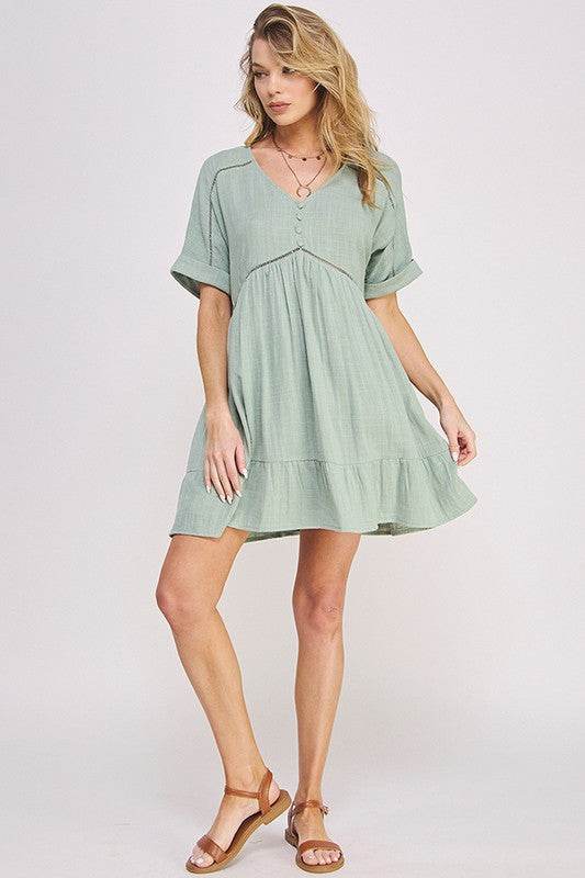 TEXTURED SHORT SLV BUTTON DOWN V-NECK SHORT DRESS - Shop Style & More | Fresh Looks, Everyday Deals & Free Shipping