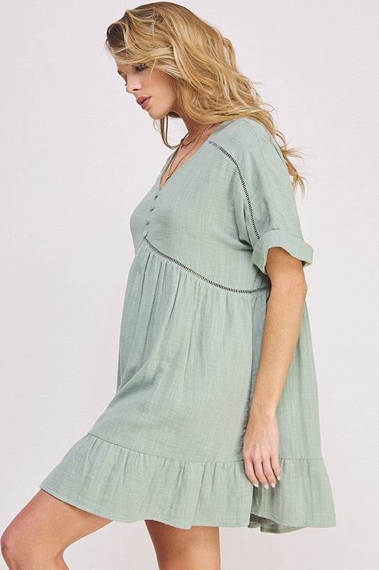 TEXTURED SHORT SLV BUTTON DOWN V-NECK SHORT DRESS - Shop Style & More | Fresh Looks, Everyday Deals & Free Shipping