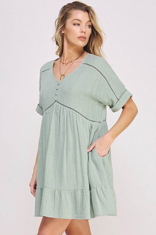 TEXTURED SHORT SLV BUTTON DOWN V-NECK SHORT DRESS - Shop Style & More | Fresh Looks, Everyday Deals & Free Shipping