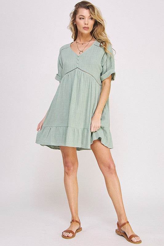 TEXTURED SHORT SLV BUTTON DOWN V-NECK SHORT DRESS - Shop Style & More | Fresh Looks, Everyday Deals & Free Shipping